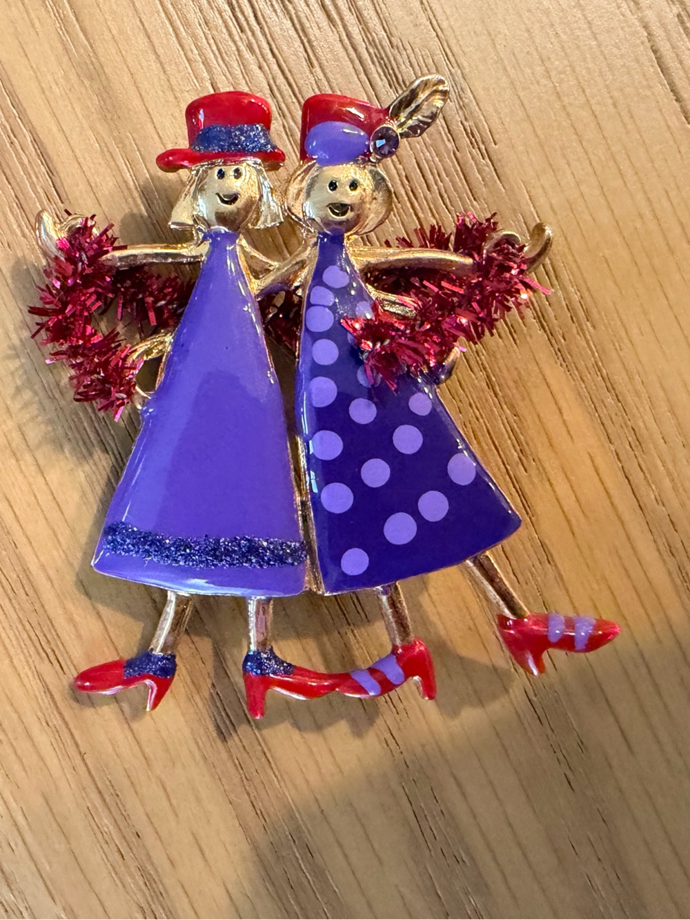 Vintage Purple Double Girl Enamel Brooch with Red Accents